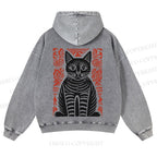 Vintage Black Cat Totem Casual Washed Hoodie