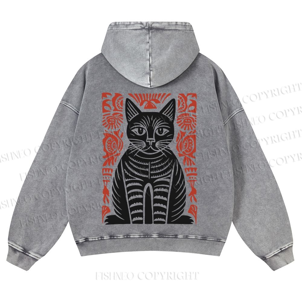 Vintage Black Cat Totem Casual Washed Hoodie
