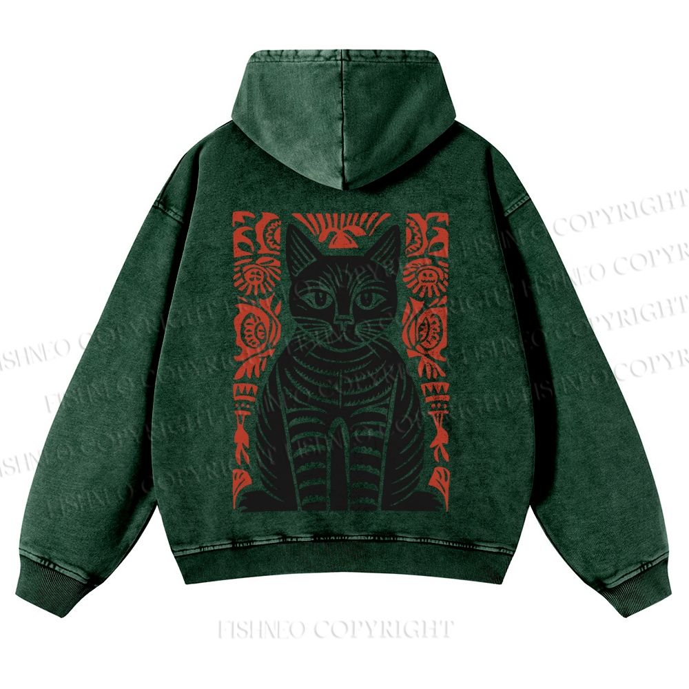 Vintage Black Cat Totem Casual Washed Hoodie