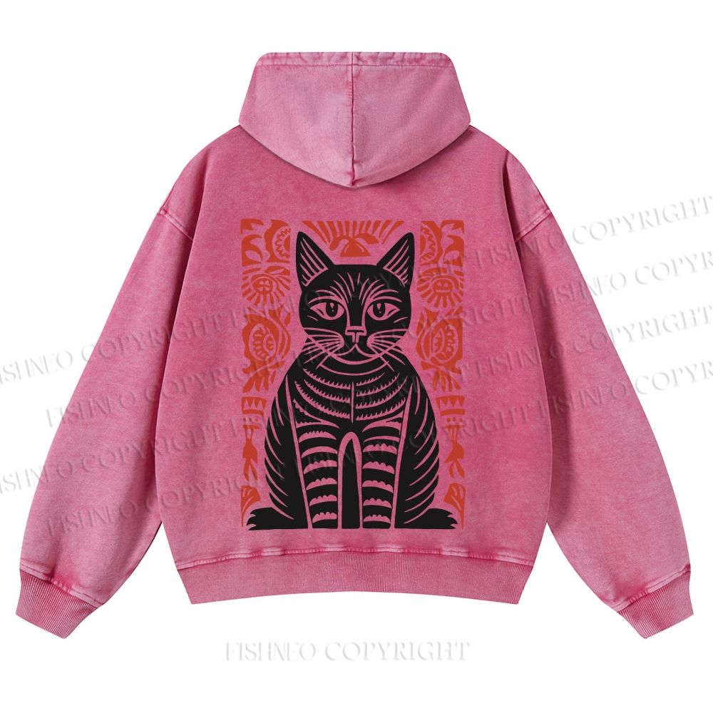 Vintage Black Cat Totem Casual Washed Hoodie