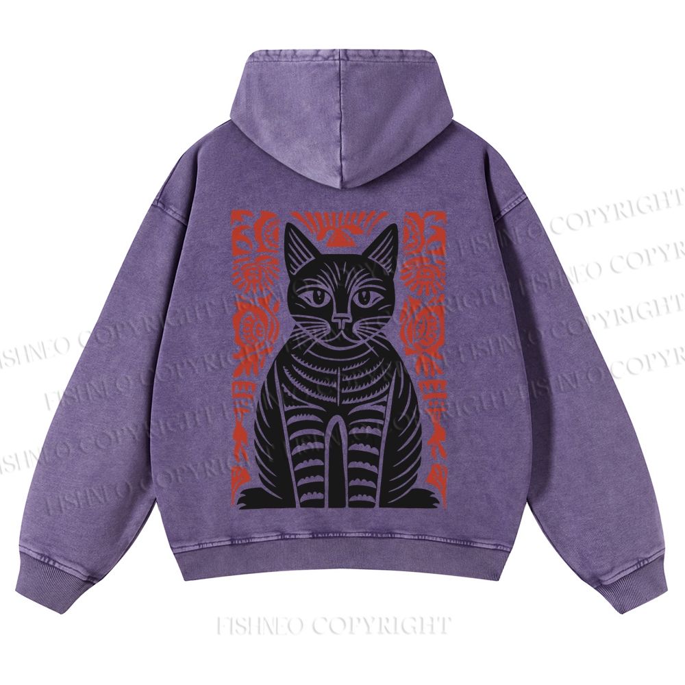 Vintage Black Cat Totem Casual Washed Hoodie