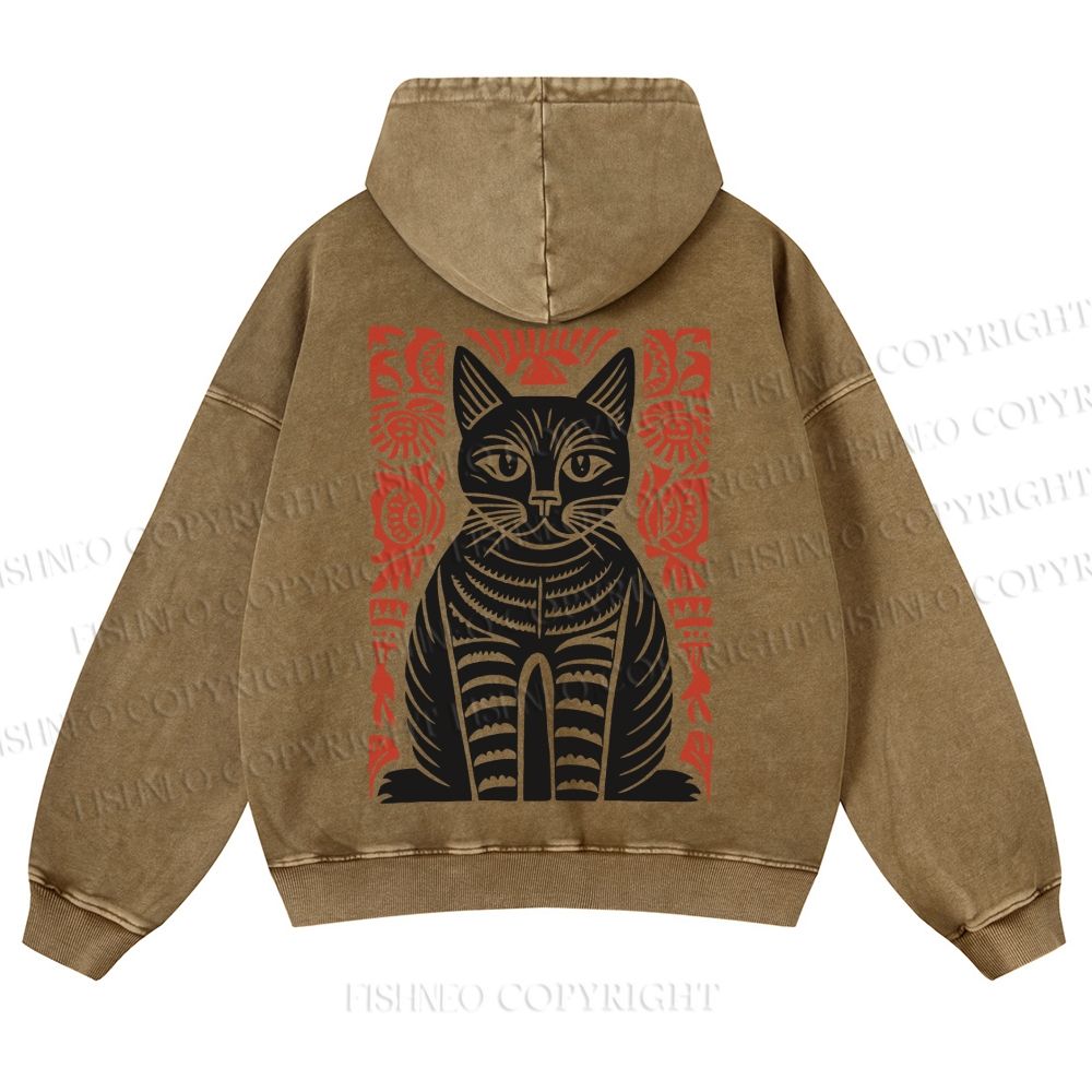 Vintage Black Cat Totem Casual Washed Hoodie