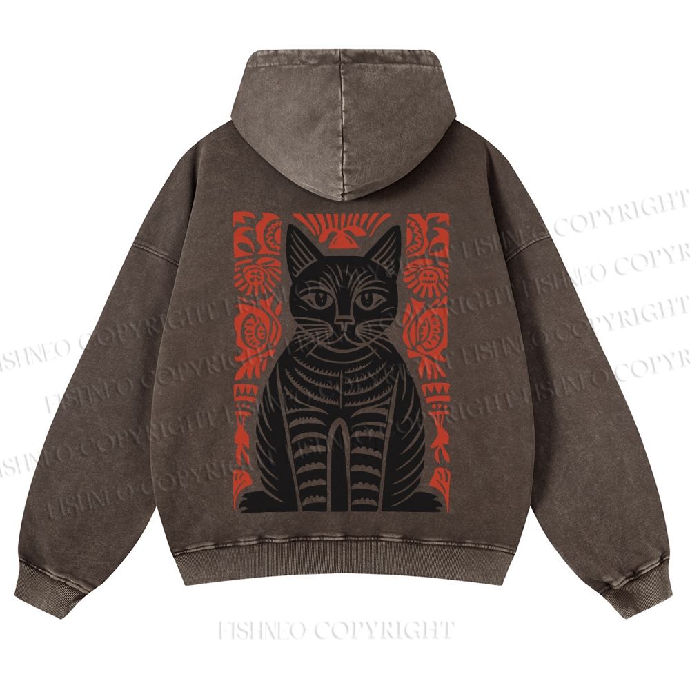 Vintage Black Cat Totem Casual Washed Hoodie
