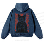 Vintage Black Cat Totem Casual Washed Hoodie