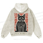 Vintage Black Cat Totem Casual Washed Hoodie