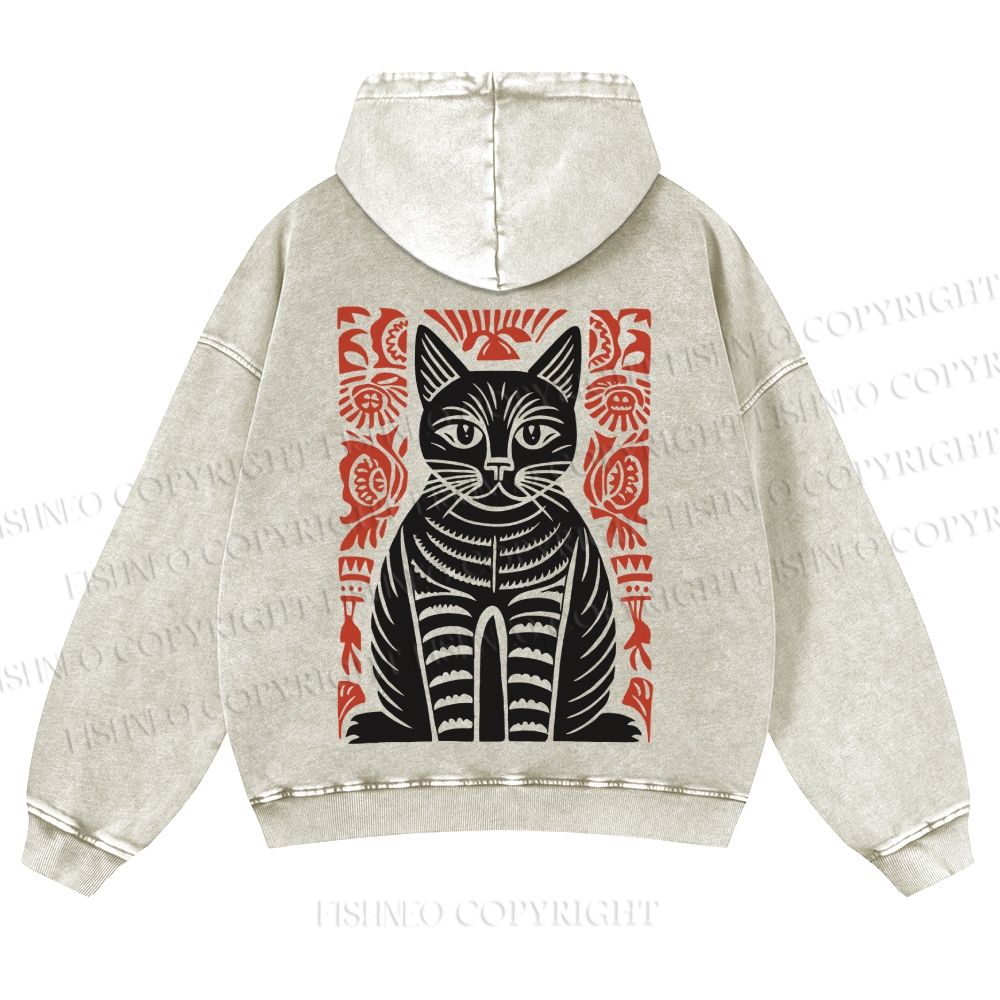 Vintage Black Cat Totem Casual Washed Hoodie