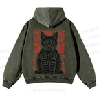 Vintage Black Cat Totem Casual Washed Hoodie