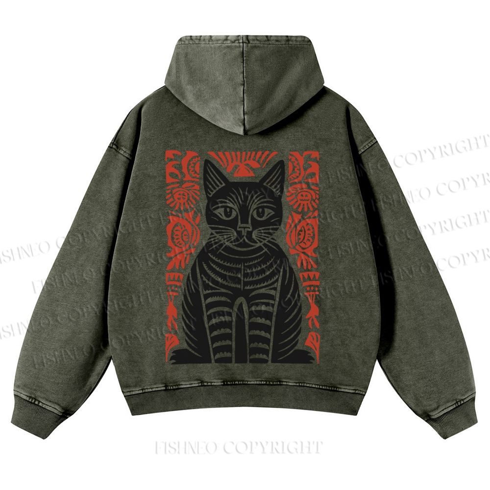 Vintage Black Cat Totem Casual Washed Hoodie