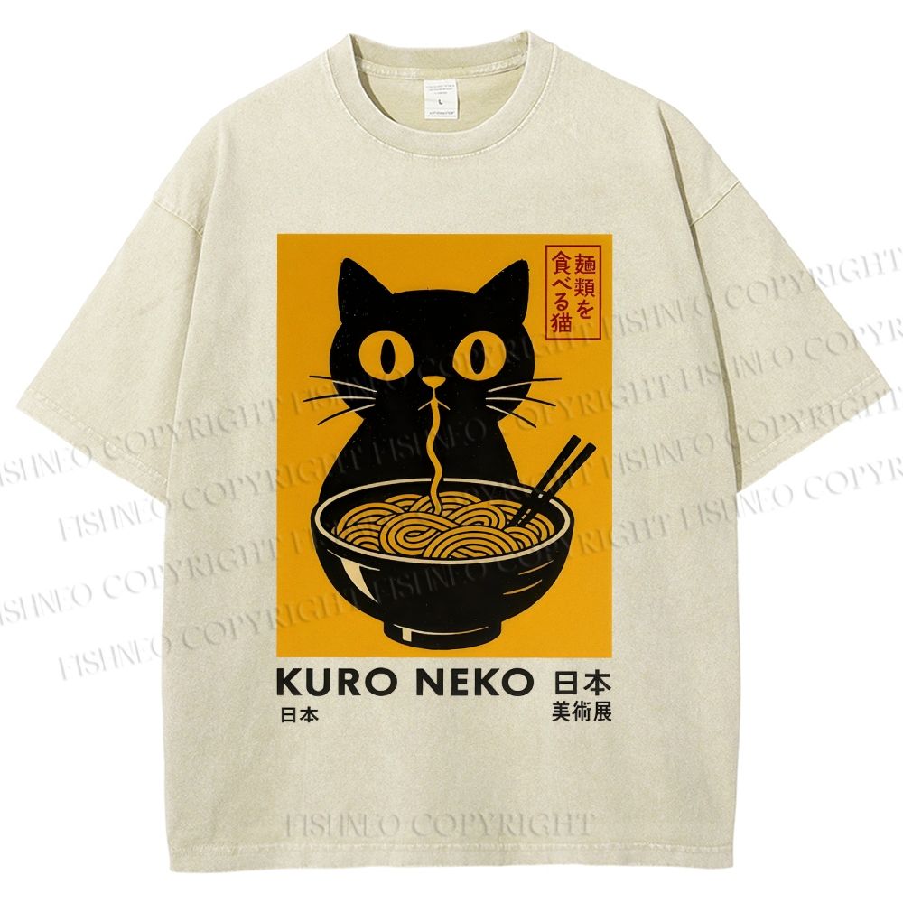 Unisex Kuro Neko Cat Printed Washed Tee