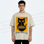Unisex Kuro Neko Cat Printed Washed Tee