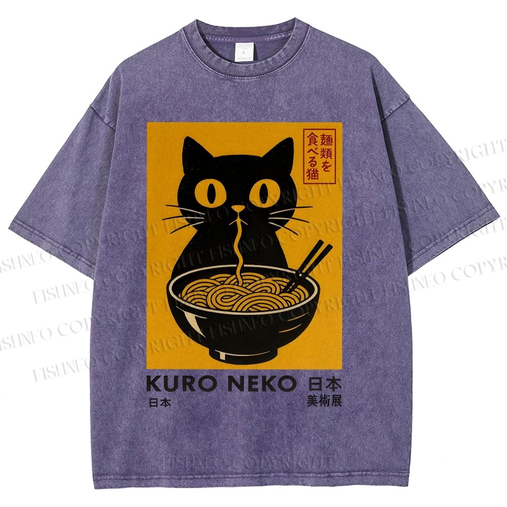 Unisex Kuro Neko Cat Printed Washed Tee