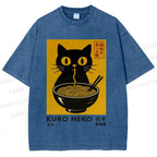 Unisex Kuro Neko Cat Printed Washed Tee