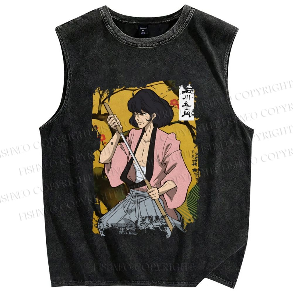 Unisex Japanese Samurai Vintage Printed Washed Tank Top