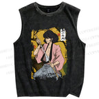Unisex Japanese Samurai Vintage Printed Washed Tank Top