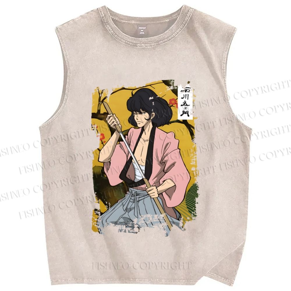 Unisex Japanese Samurai Vintage Printed Washed Tank Top