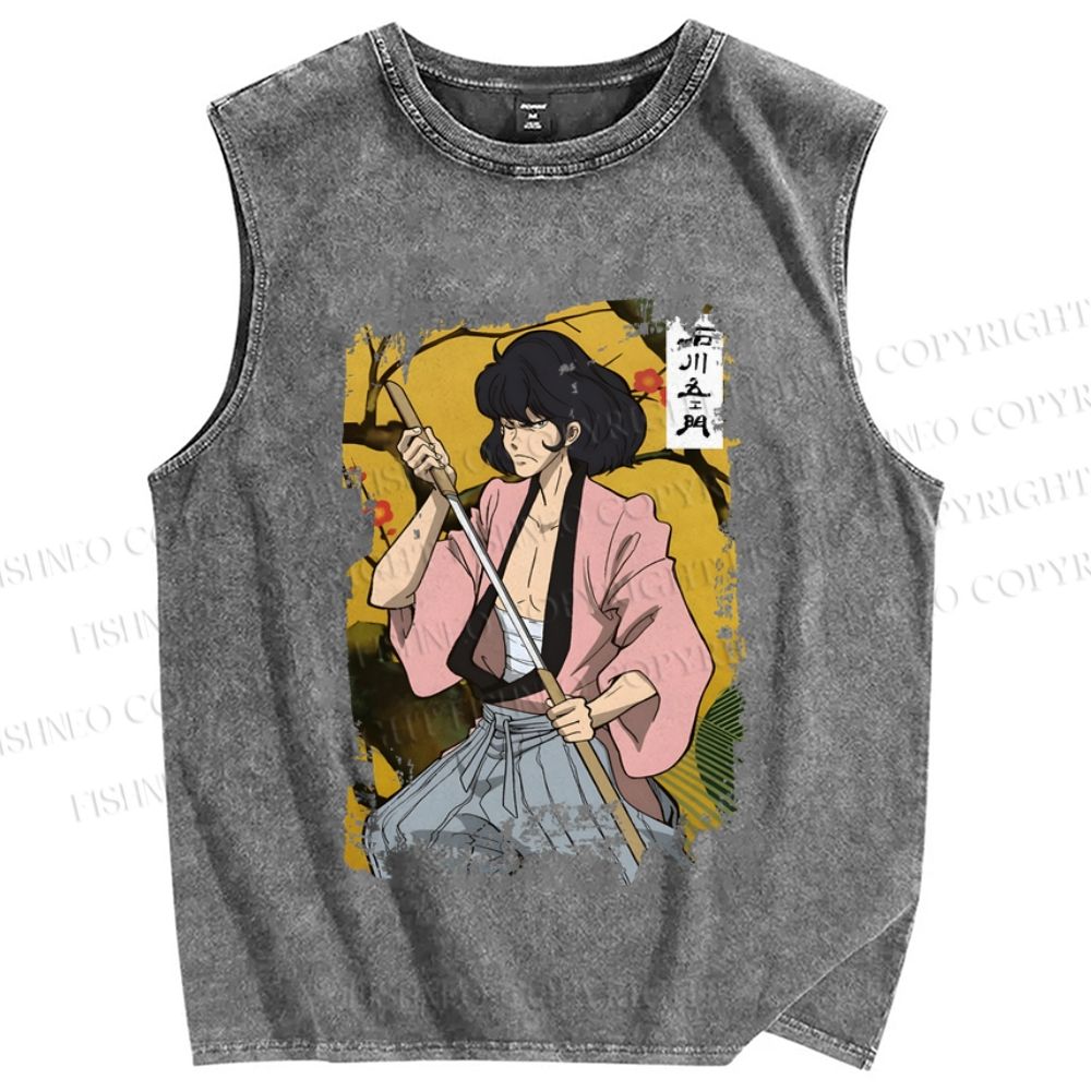 Unisex Japanese Samurai Vintage Printed Washed Tank Top