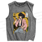 Unisex Japanese Samurai Vintage Printed Washed Tank Top