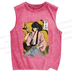 Unisex Japanese Samurai Vintage Printed Washed Tank Top