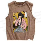 Unisex Japanese Samurai Vintage Printed Washed Tank Top