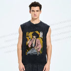 Unisex Japanese Samurai Vintage Printed Washed Tank Top