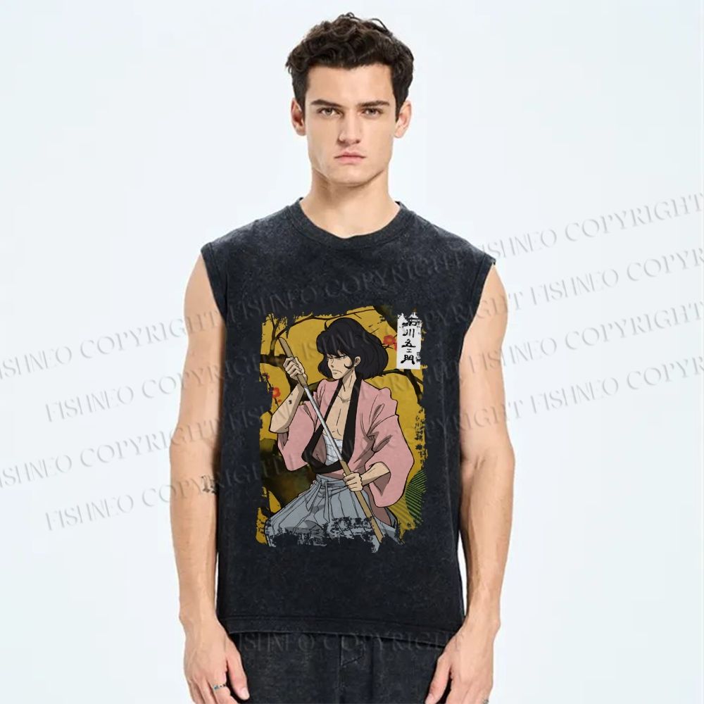 Unisex Japanese Samurai Vintage Printed Washed Tank Top