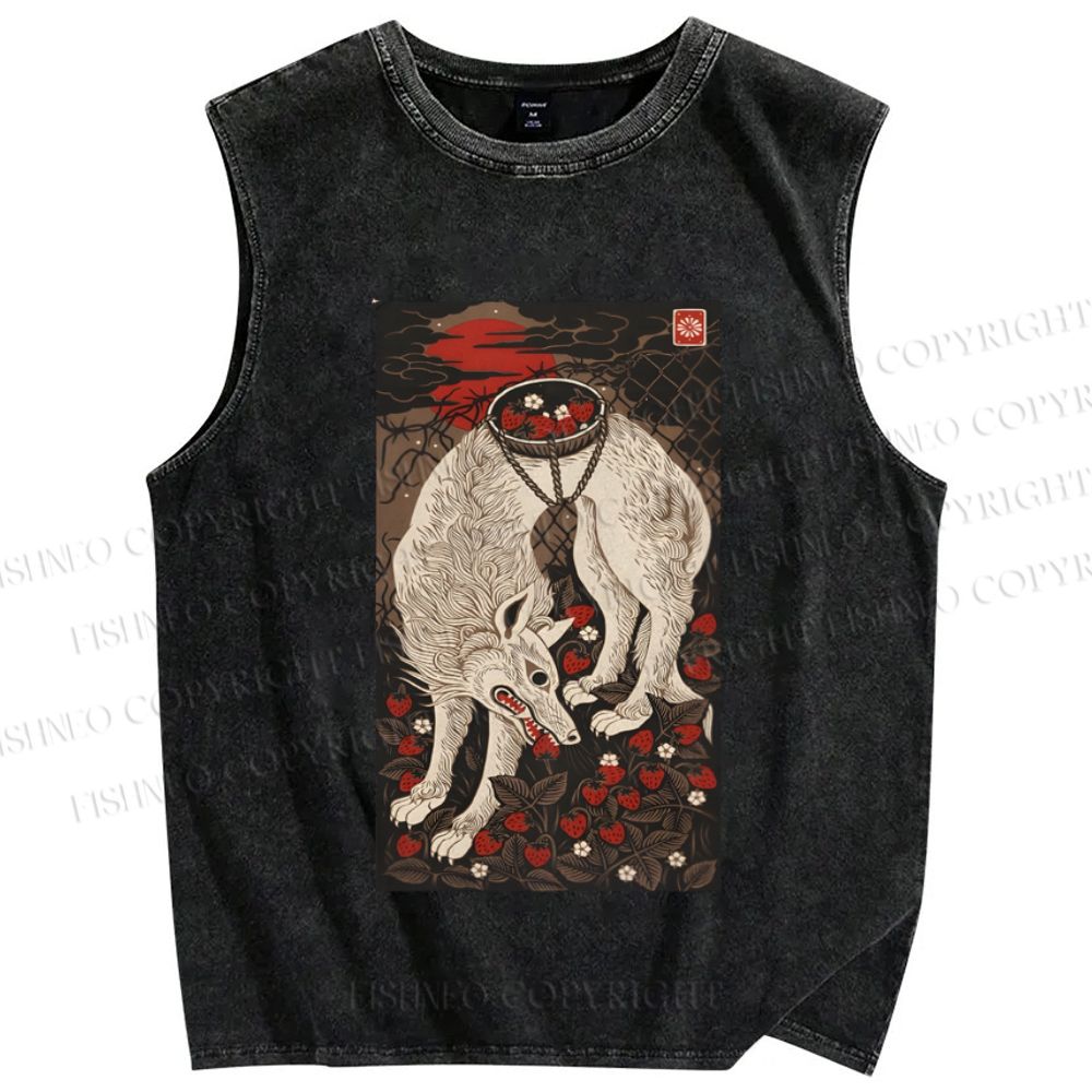 Unisex Funny Wolf Pick Strawberry Printed Washed Tank Top