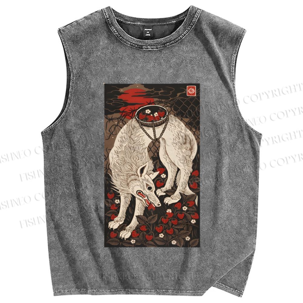 Unisex Funny Wolf Pick Strawberry Printed Washed Tank Top