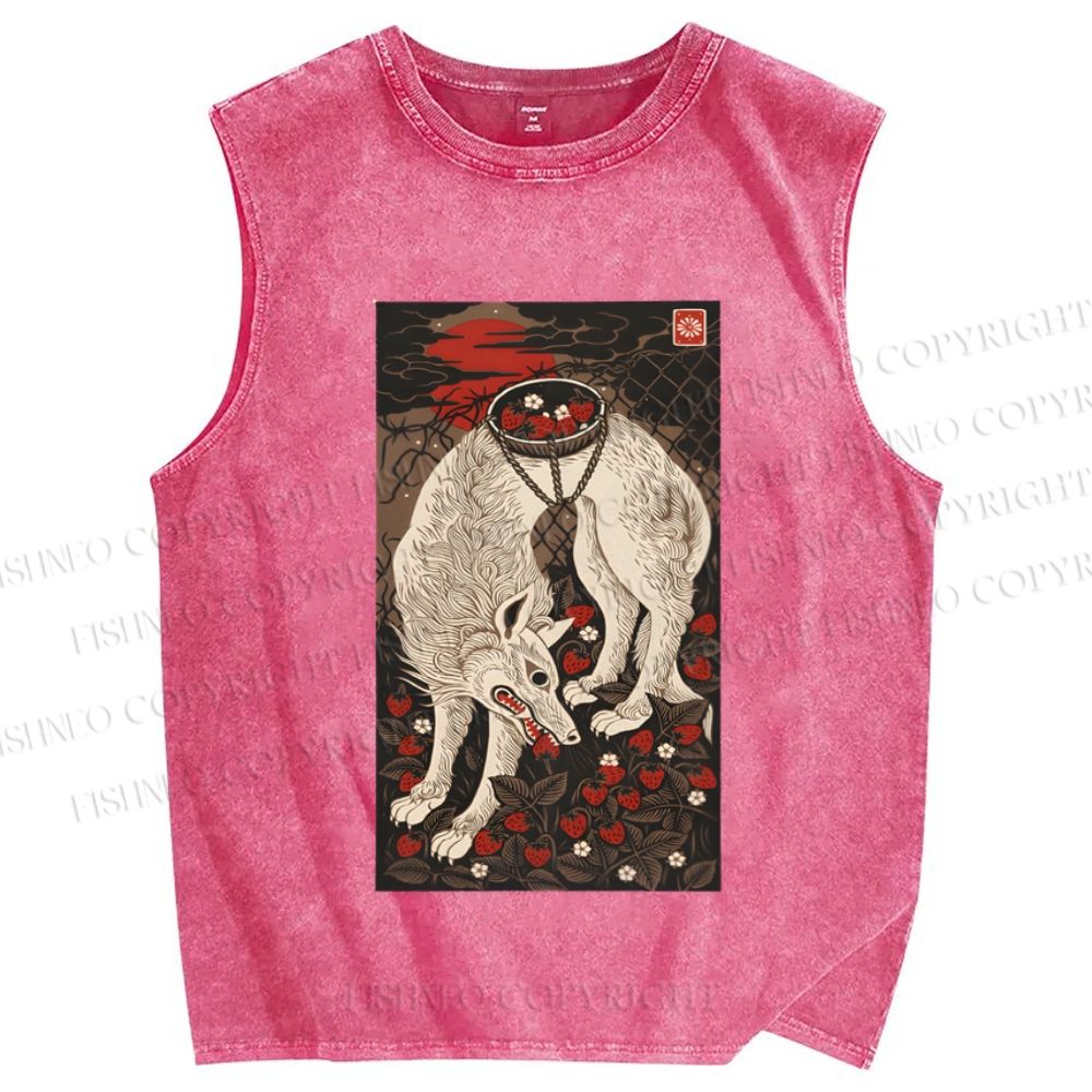 Unisex Funny Wolf Pick Strawberry Printed Washed Tank Top