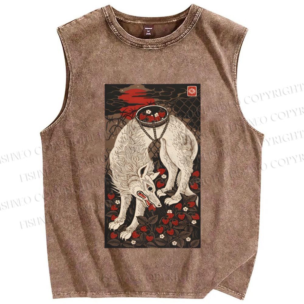 Unisex Funny Wolf Pick Strawberry Printed Washed Tank Top