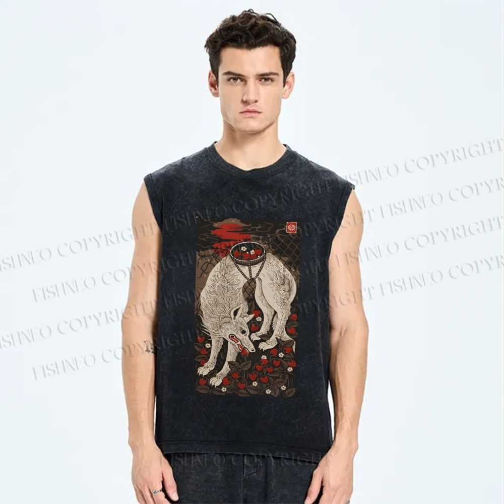 Unisex Funny Wolf Pick Strawberry Printed Washed Tank Top