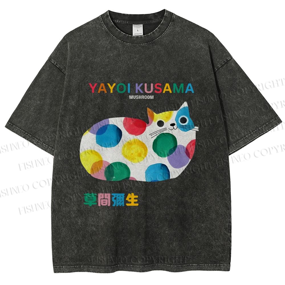 Unisex Japanese Yayoi Kusama Cat Cover With Dots Printed Washed Tee