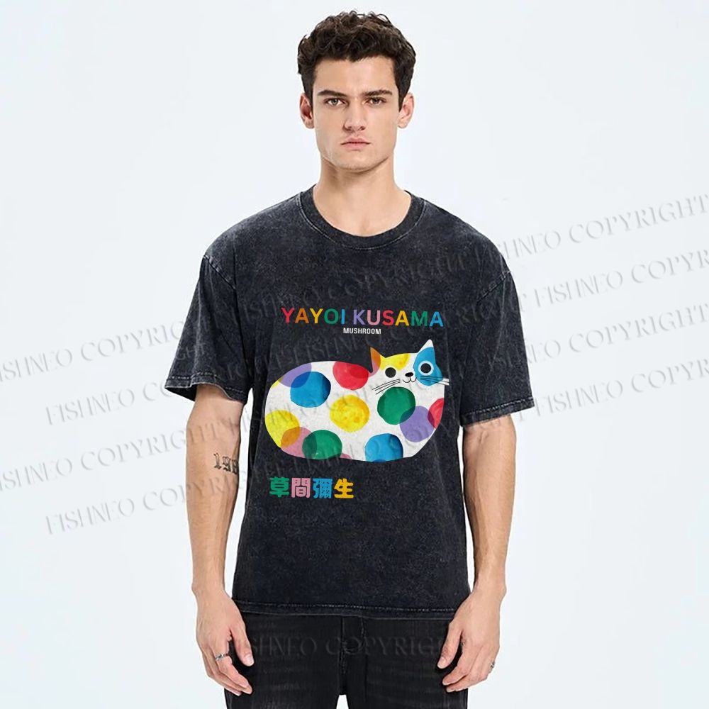 Unisex Japanese Yayoi Kusama Cat Cover With Dots Printed Washed Tee