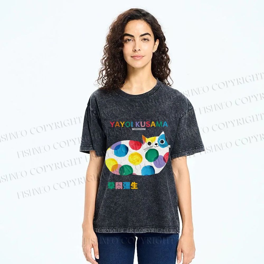 Unisex Japanese Yayoi Kusama Cat Cover With Dots Printed Washed Tee