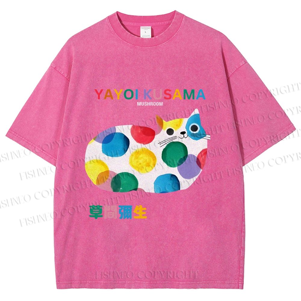 Unisex Japanese Yayoi Kusama Cat Cover With Dots Printed Washed Tee