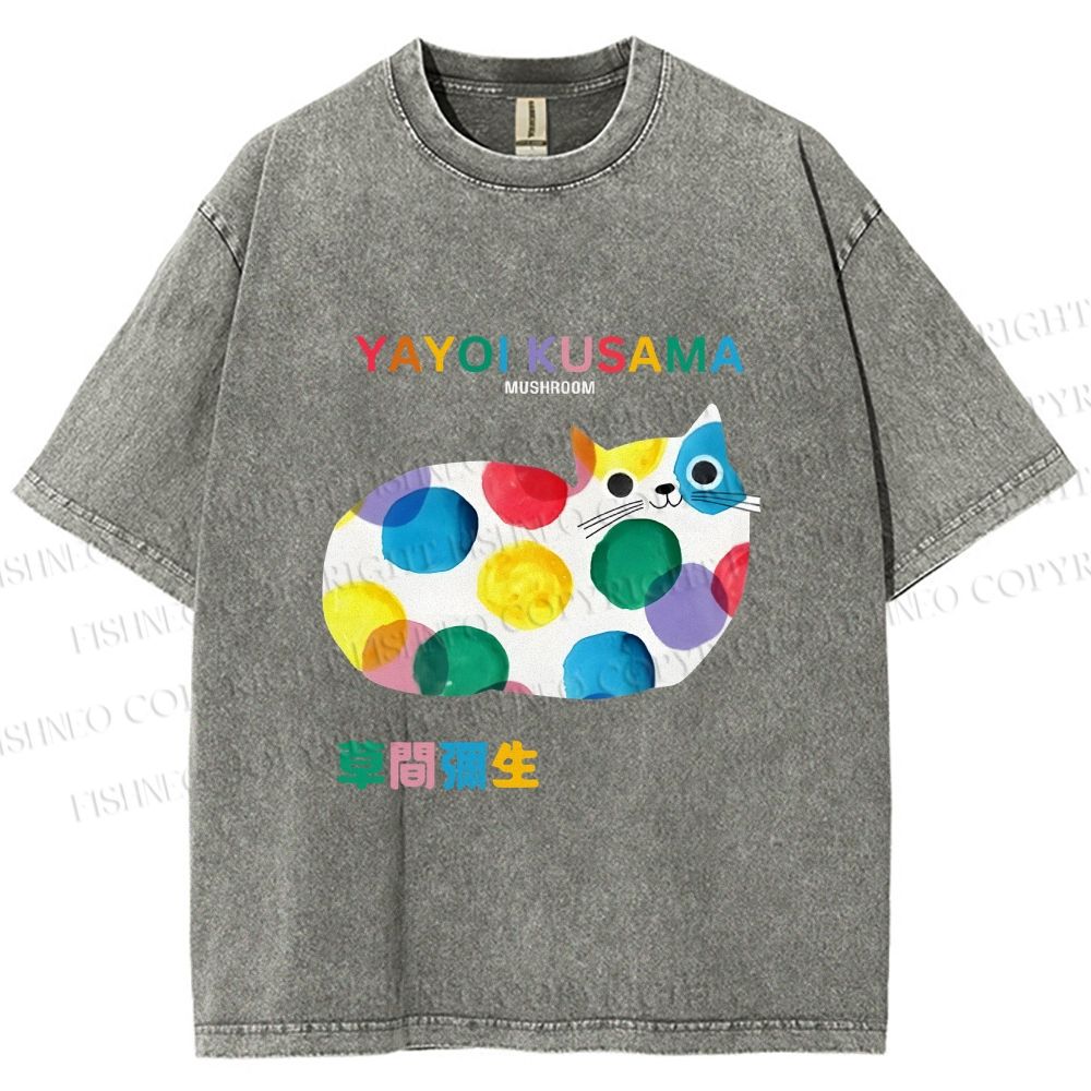 Unisex Japanese Yayoi Kusama Cat Cover With Dots Printed Washed Tee