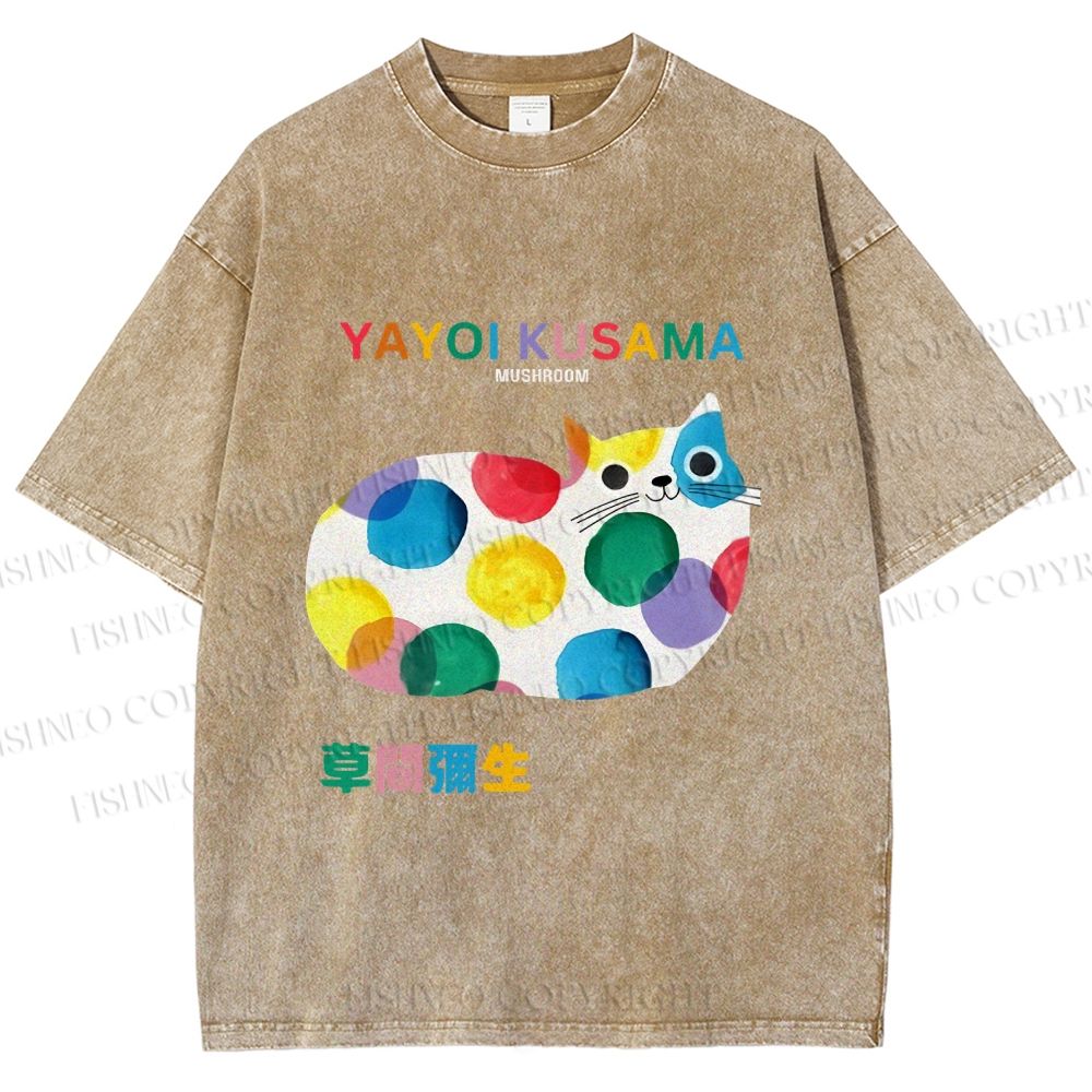 Unisex Japanese Yayoi Kusama Cat Cover With Dots Printed Washed Tee