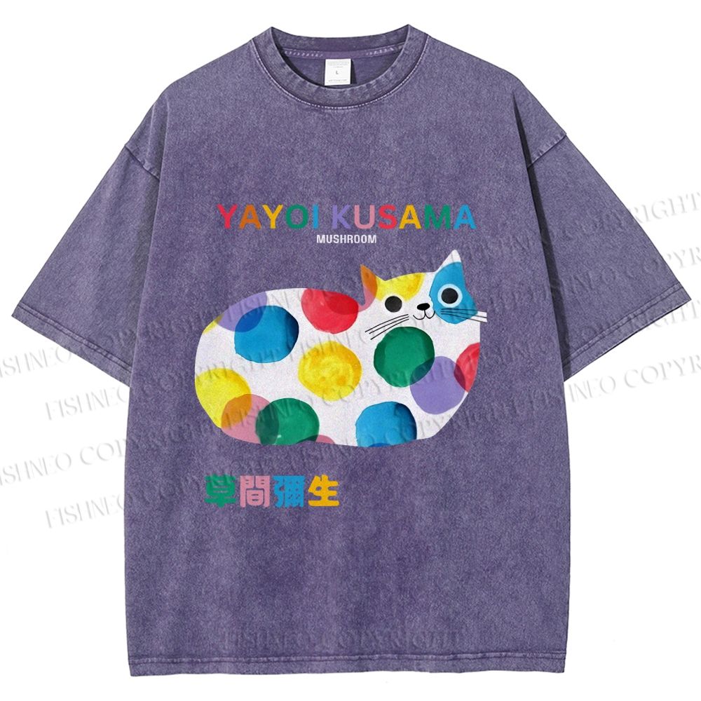 Unisex Japanese Yayoi Kusama Cat Cover With Dots Printed Washed Tee