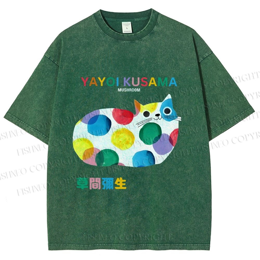 Unisex Japanese Yayoi Kusama Cat Cover With Dots Printed Washed Tee
