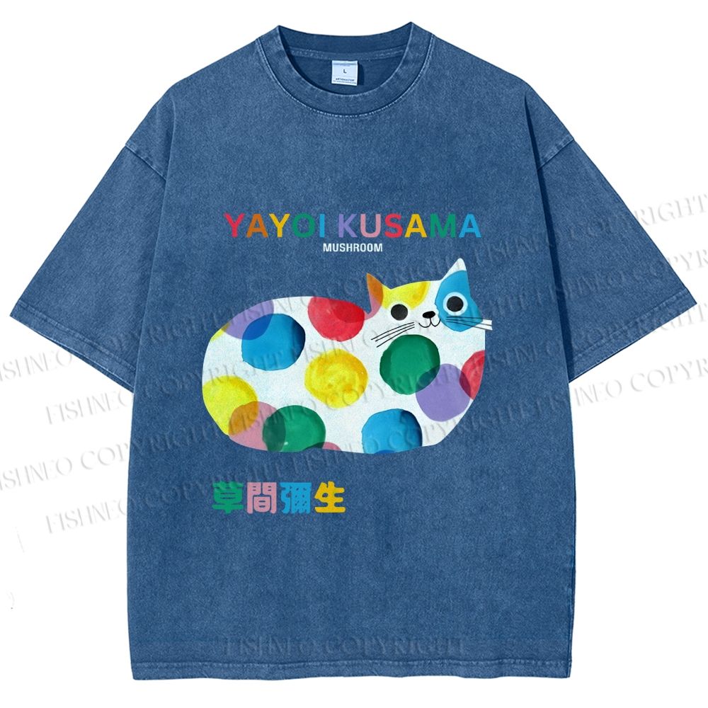 Unisex Japanese Yayoi Kusama Cat Cover With Dots Printed Washed Tee