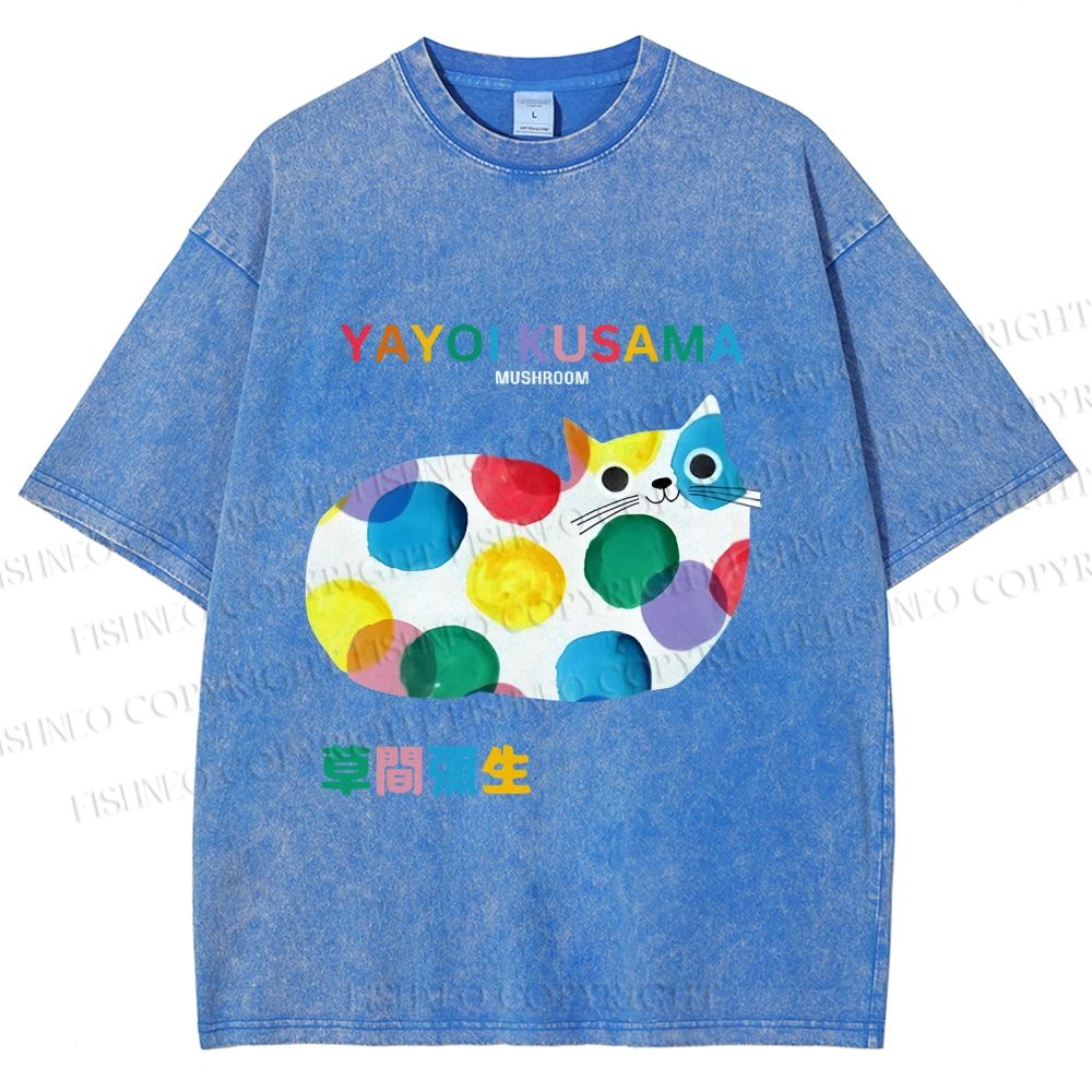 Unisex Japanese Yayoi Kusama Cat Cover With Dots Printed Washed Tee