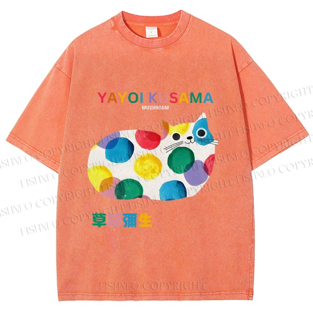 Unisex Japanese Yayoi Kusama Cat Cover With Dots Printed Washed Tee