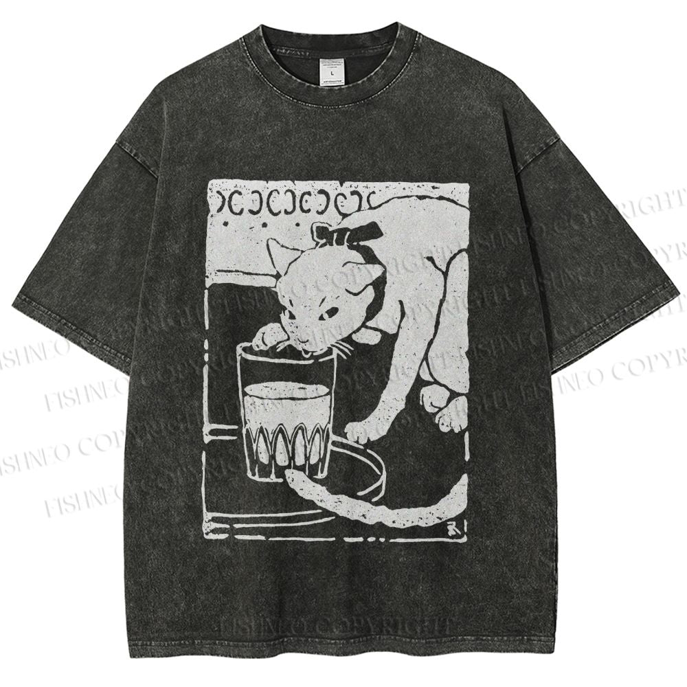 Unisex Vintage Cat Drinking Graffiti Printed Washed Tee