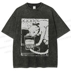 Unisex Vintage Cat Drinking Graffiti Printed Washed Tee