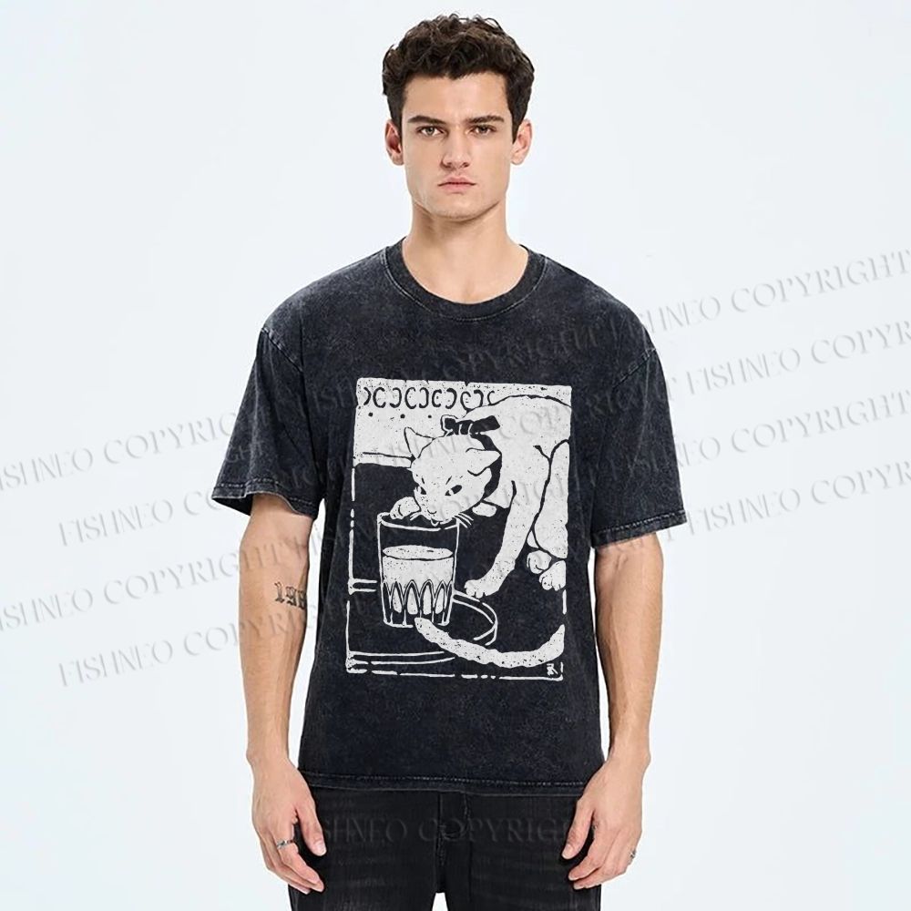Unisex Vintage Cat Drinking Graffiti Printed Washed Tee
