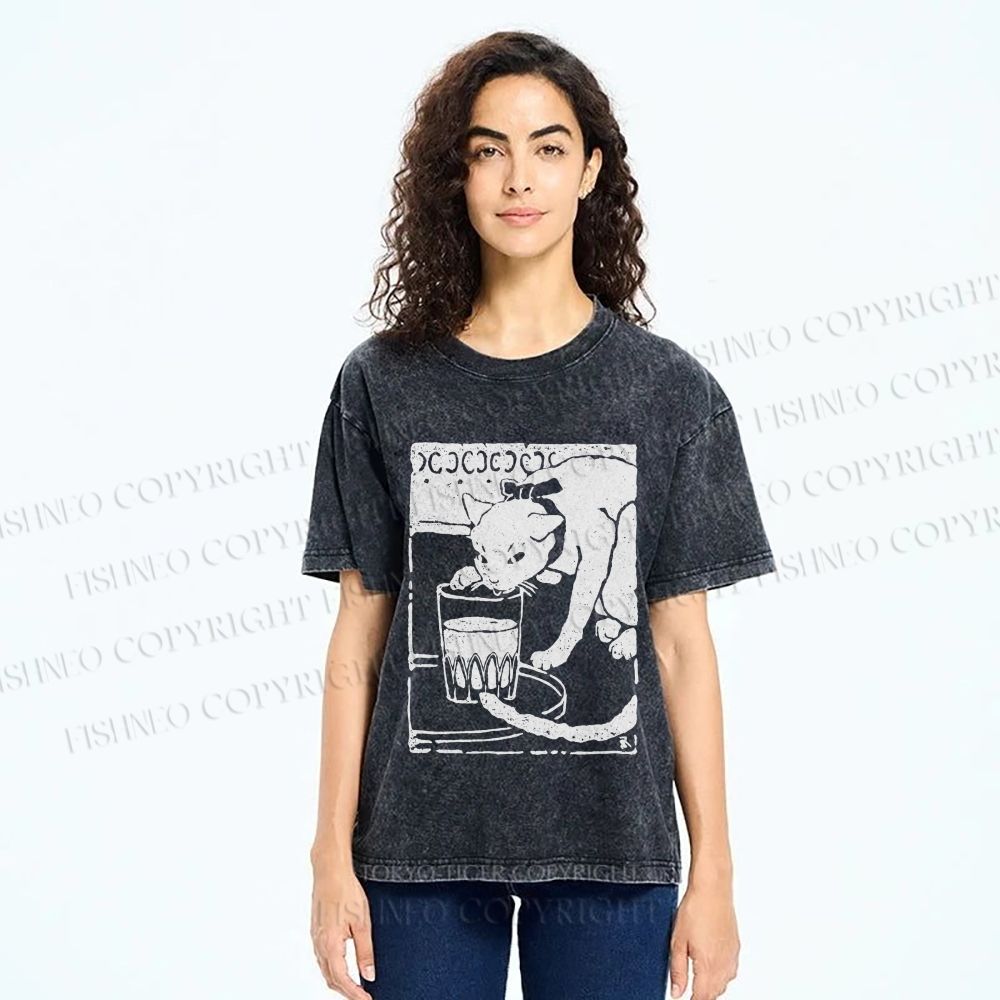 Unisex Vintage Cat Drinking Graffiti Printed Washed Tee