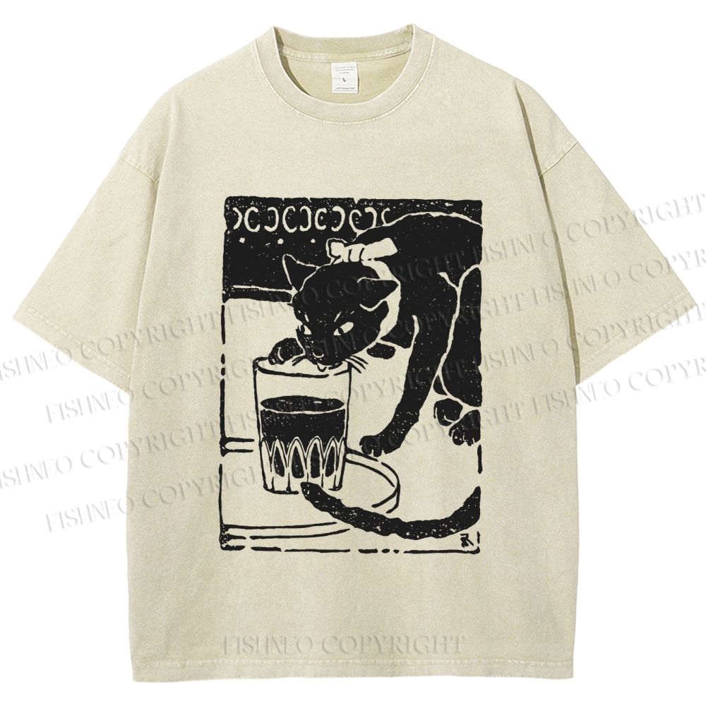 Unisex Vintage Cat Drinking Graffiti Printed Washed Tee