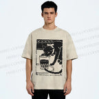 Unisex Vintage Cat Drinking Graffiti Printed Washed Tee