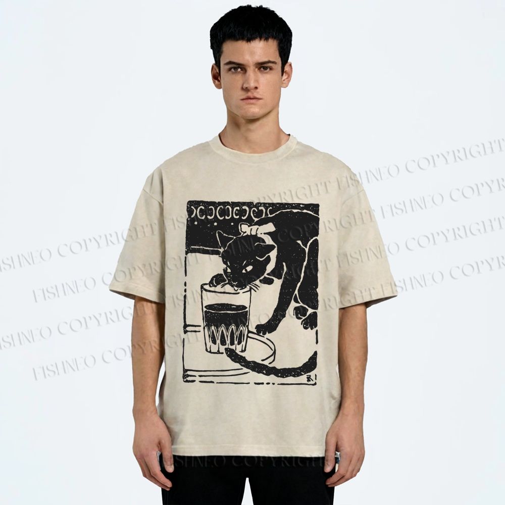 Unisex Vintage Cat Drinking Graffiti Printed Washed Tee