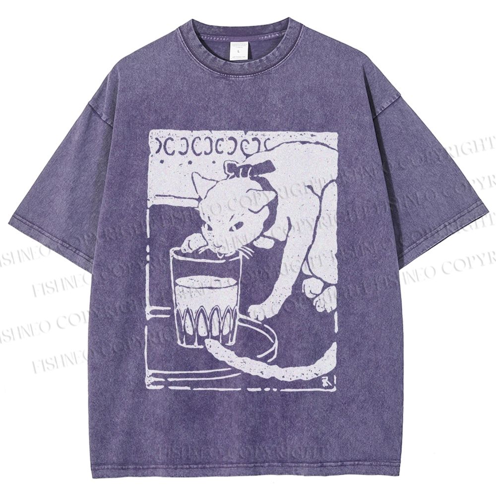 Unisex Vintage Cat Drinking Graffiti Printed Washed Tee