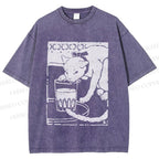 Unisex Vintage Cat Drinking Graffiti Printed Washed Tee